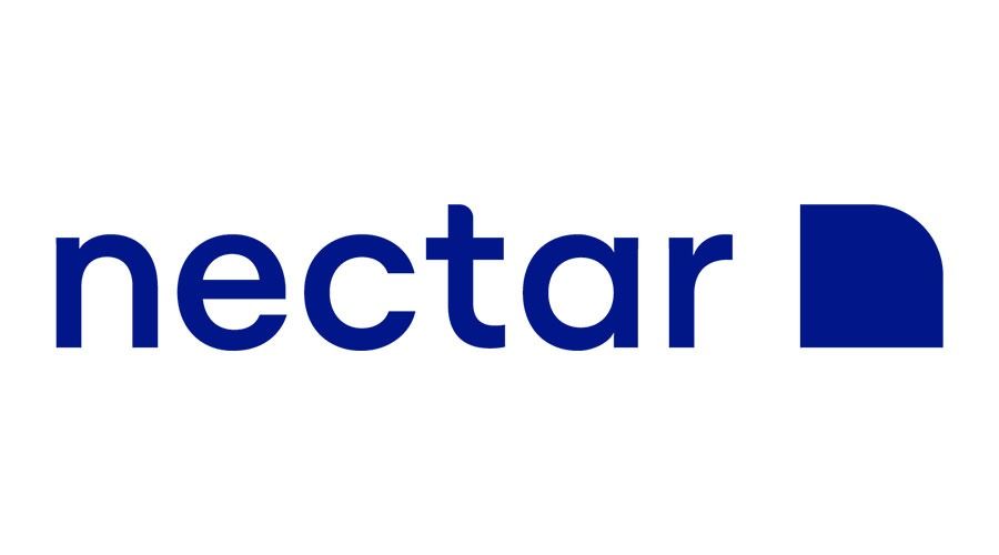 Nectar logo: Blue text and a blue square with a rounded corner on a white background.