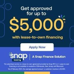 Advertisement for Snap Finance, offering lease-to-own financing up to $5,000. Includes 
