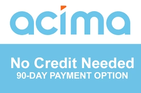 Acima logo: Light blue text on white background. Offers 