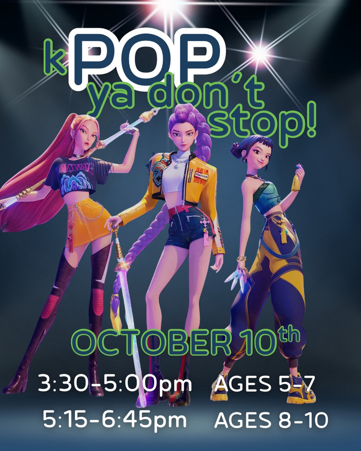 K-Pop dance event poster. Three cartoon dancers, date/times, and age groups listed.
