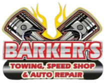 Logo for Barker's: pistons, flames, red & silver text, "Towing, Speed Shop & Auto Repair".