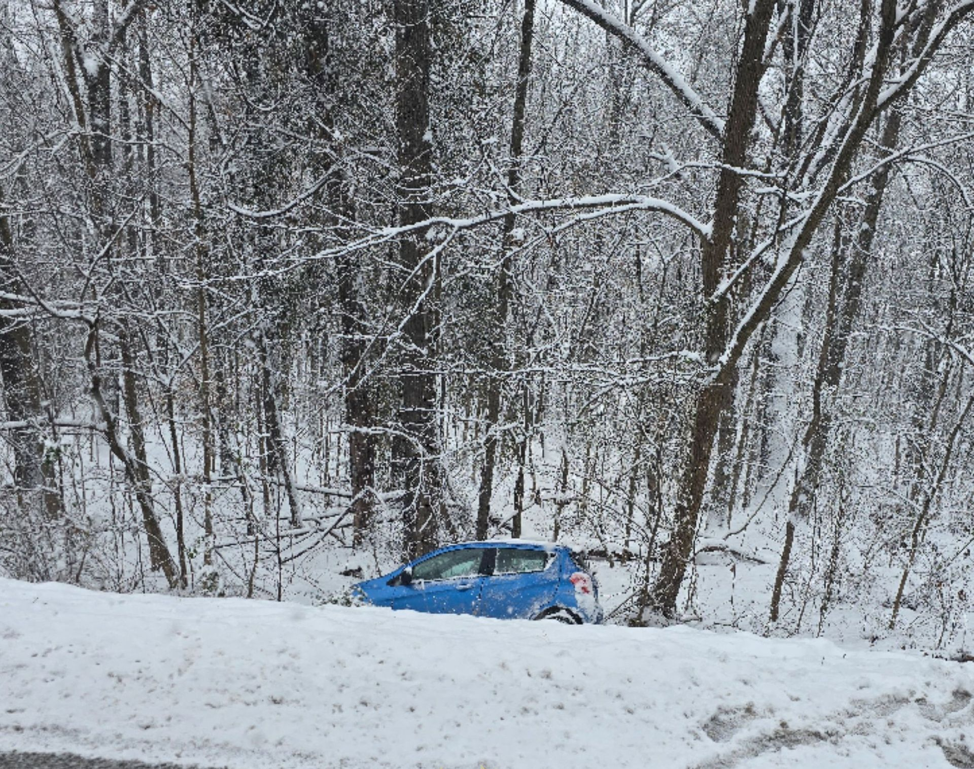 Blue car off road in snowy woods.