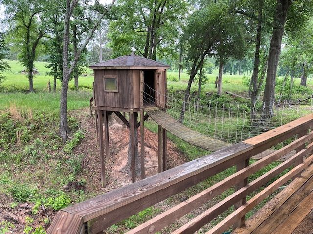 Wooden treehouse on stilts in a green wooded area, linked by a sloped rope bridge.