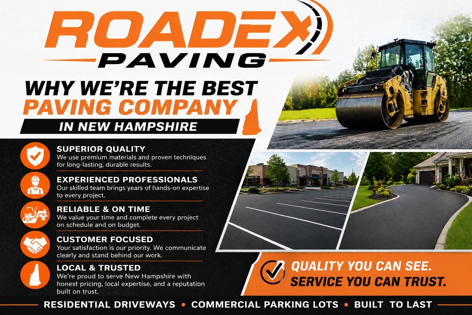 Roadex Paving ad with paving machine, driveway photos, and text “Why we’re the best paving company in New Hampshire”