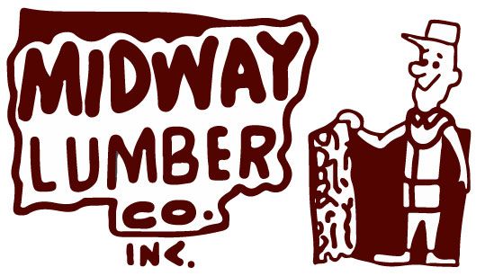 Midway Lumber Co. logo with a smiling lumberjack beside a log, in maroon and white