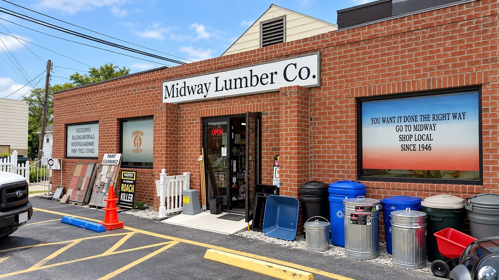 Brick storefront of Midway Lumber Co. with signs, trash bins, and an orange cone outside.