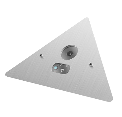 Triangular silver ceiling speaker with a central speaker, small camera, and control panel.