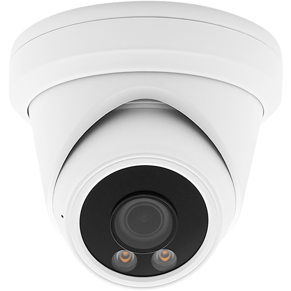 White dome security camera with a black lens.