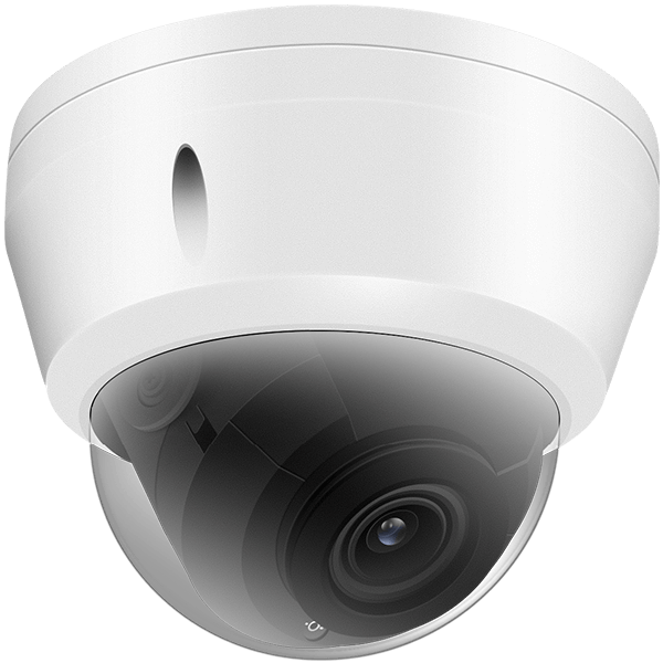 White dome security camera with a dark, reflective lens.