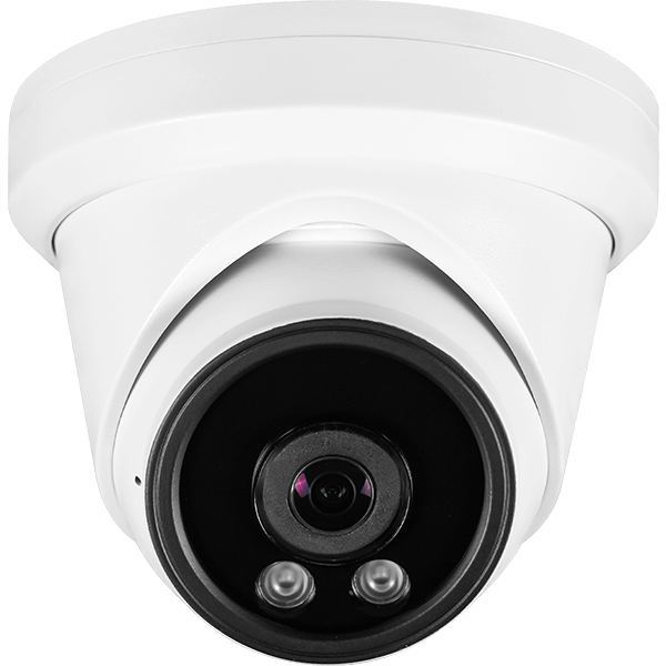 White dome security camera with a dark lens and two small lights.