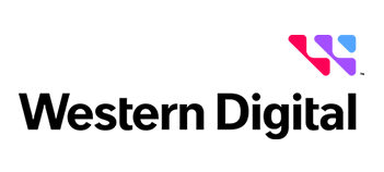 Western Digital logo with text and abstract shapes in purple, red, and blue.