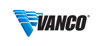 VANCO logo with blue abstract shape and black text.