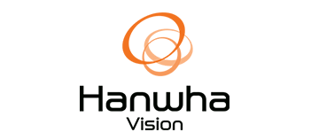 Hanwha Vision logo with orange overlapping rings above black text.