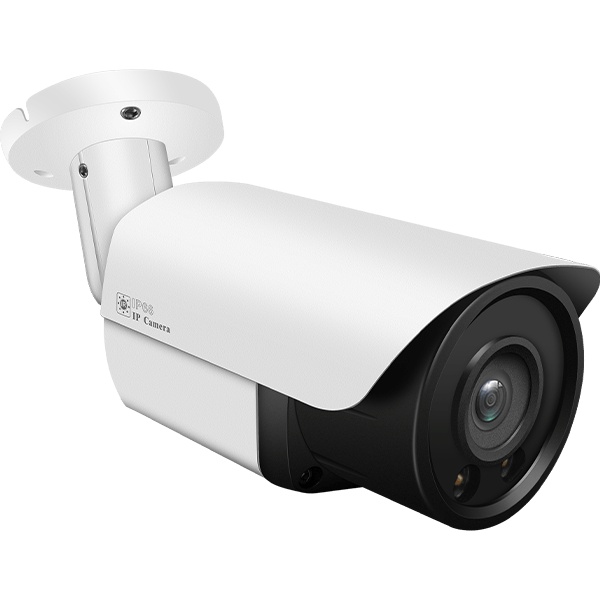 White security camera with a black lens and a sun visor.