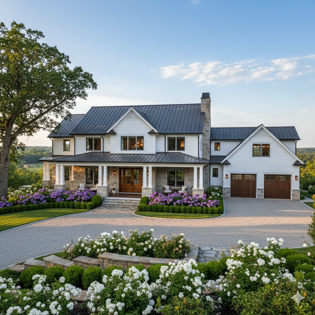 Elegant two-story white house with a stone and wood facade, a long driveway, and well-maintained landscaping.