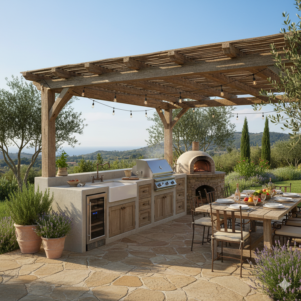 Outdoor kitchen with pergola, grill, sink, pizza oven, and dining table, overlooking a scenic landscape.