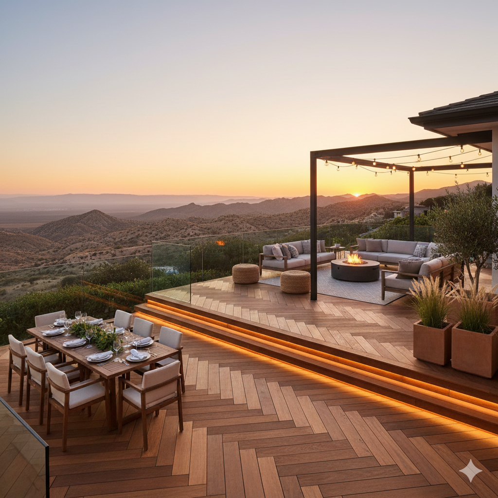 Outdoor deck at sunset with dining table, seating area around a fire pit, and scenic mountain views.