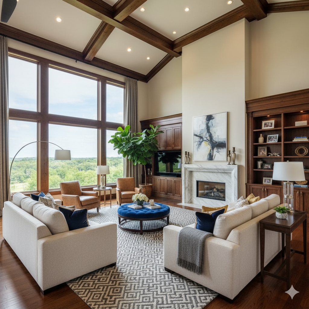Living room with high ceilings, large windows, fireplace, and two white sofas.