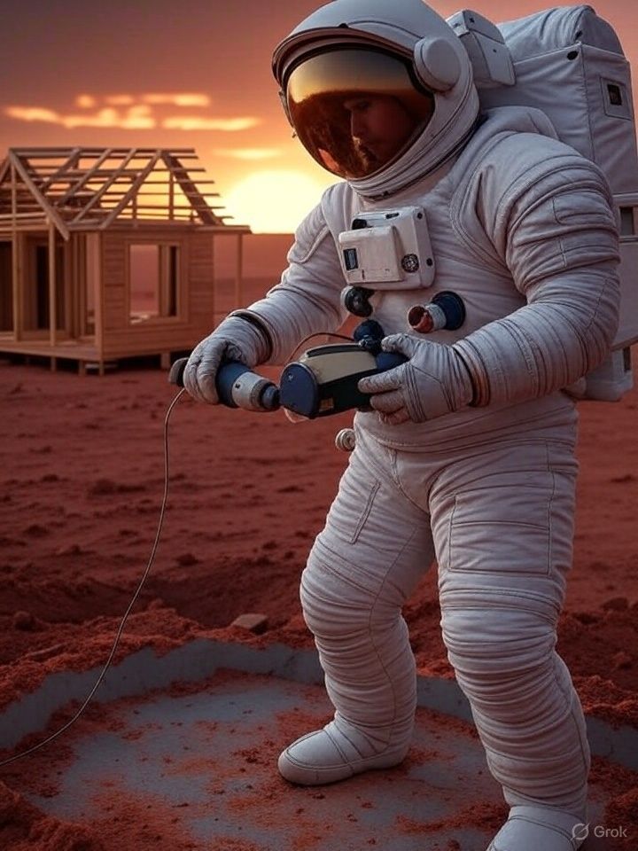 Astronaut on Mars drilling ground, small wooden house in background at sunset.