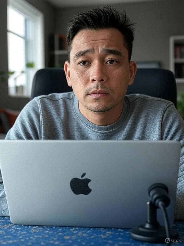 Man at laptop, looking weary. Grey sweater, blue desk. Indoors with window.