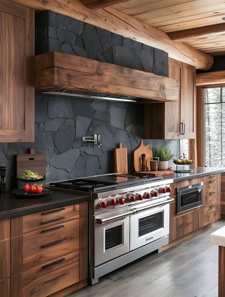 Rustic kitchen with wooden cabinets, stone backsplash, and stainless steel range.