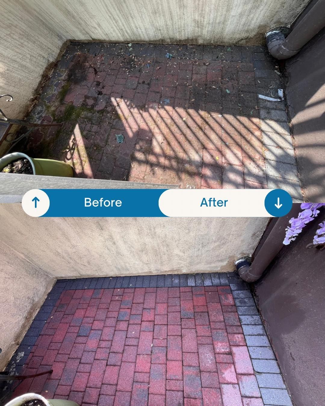 Before and after view of a brick patio; dirty patio cleaned, red bricks and gray border.