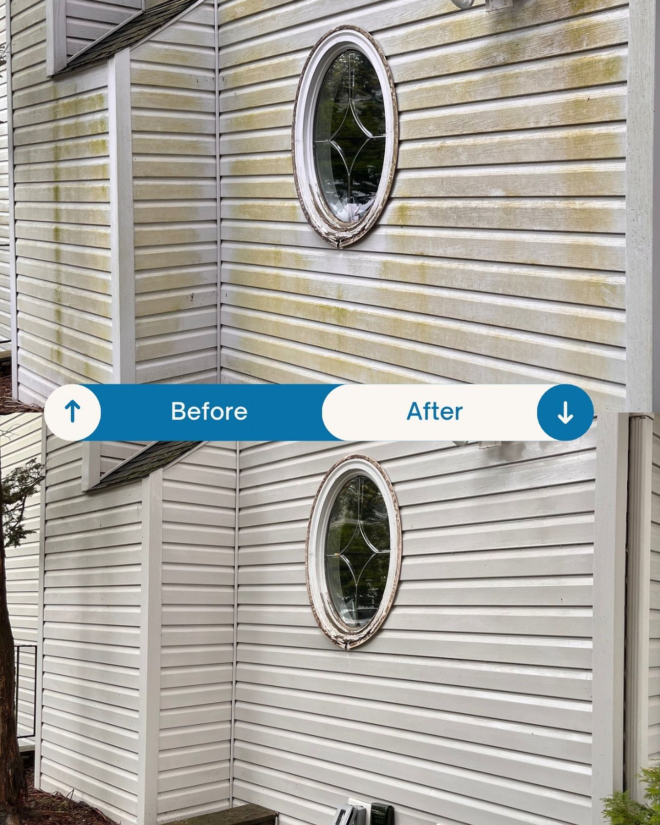Comparison of a house's siding before and after power washing; showing the removal of green algae and dirt.