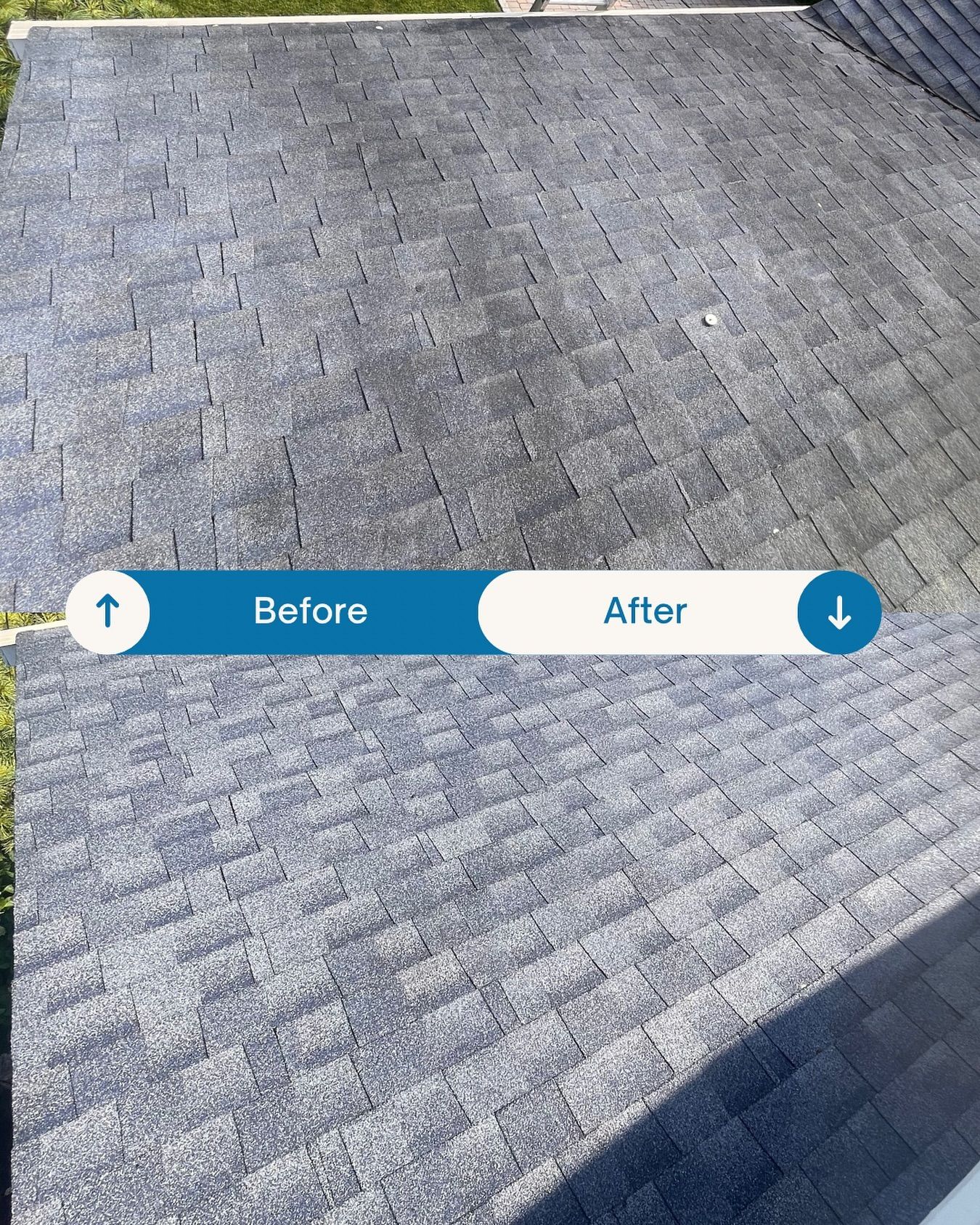 Roof before and after cleaning, showing algae and dirt removal.