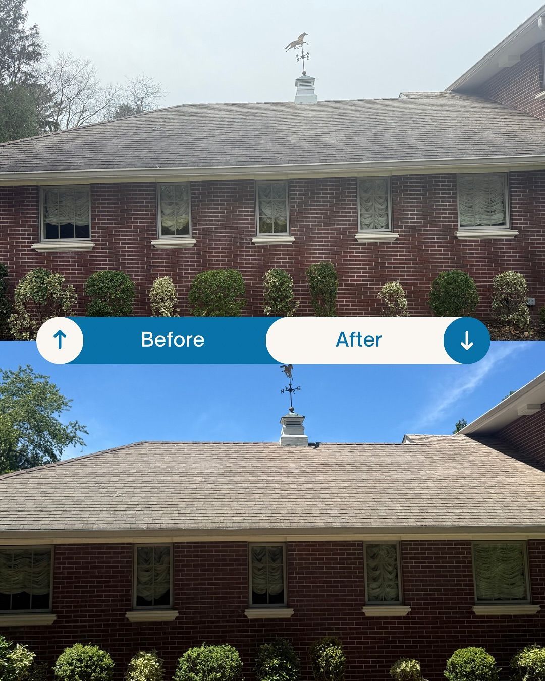 House roof cleaned; before and after images. The roof is tan, brick is red, the sky is cloudy and then blue.