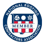 The national roofing contractors association logo has a coat of arms on it.
