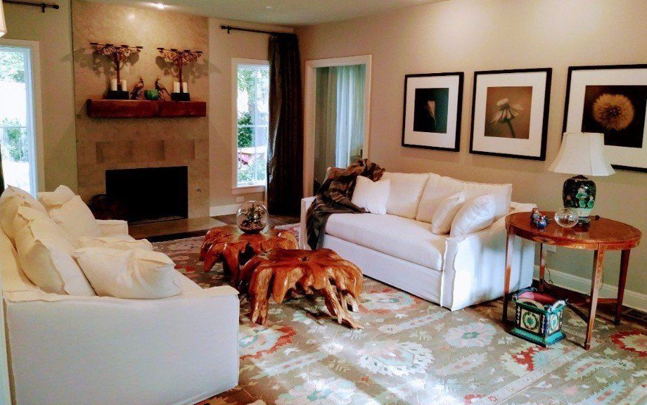 Living room with white sofas, patterned rug, fireplace, framed art, and two dogs in the center