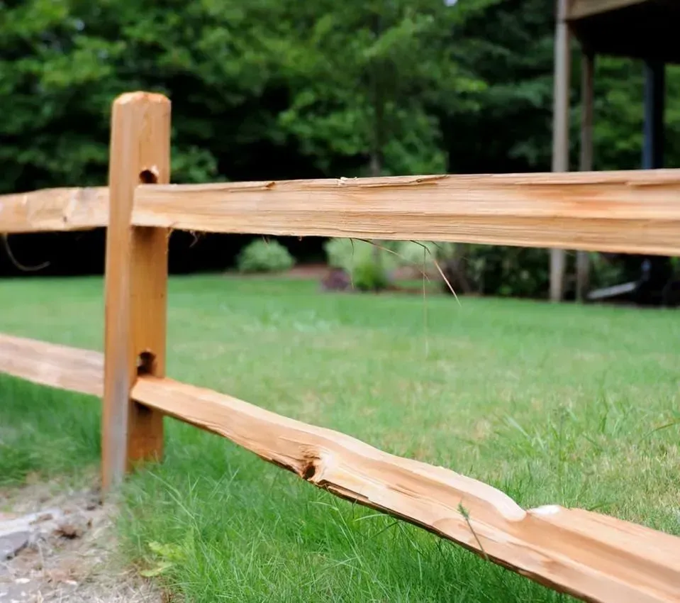 Wooden split-rail fence beside a green lawn with trees in the background