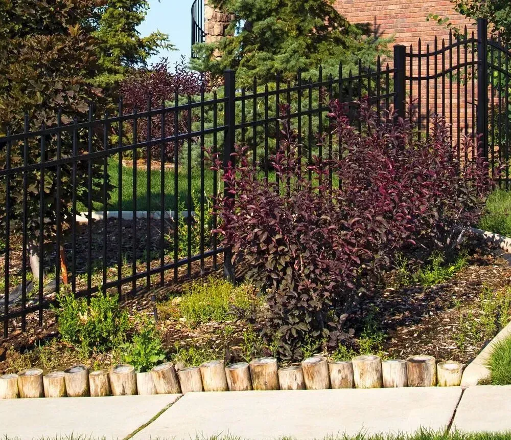 Black metal fence beside landscaped shrubs and mulch along a sidewalk, with a brick building in the background