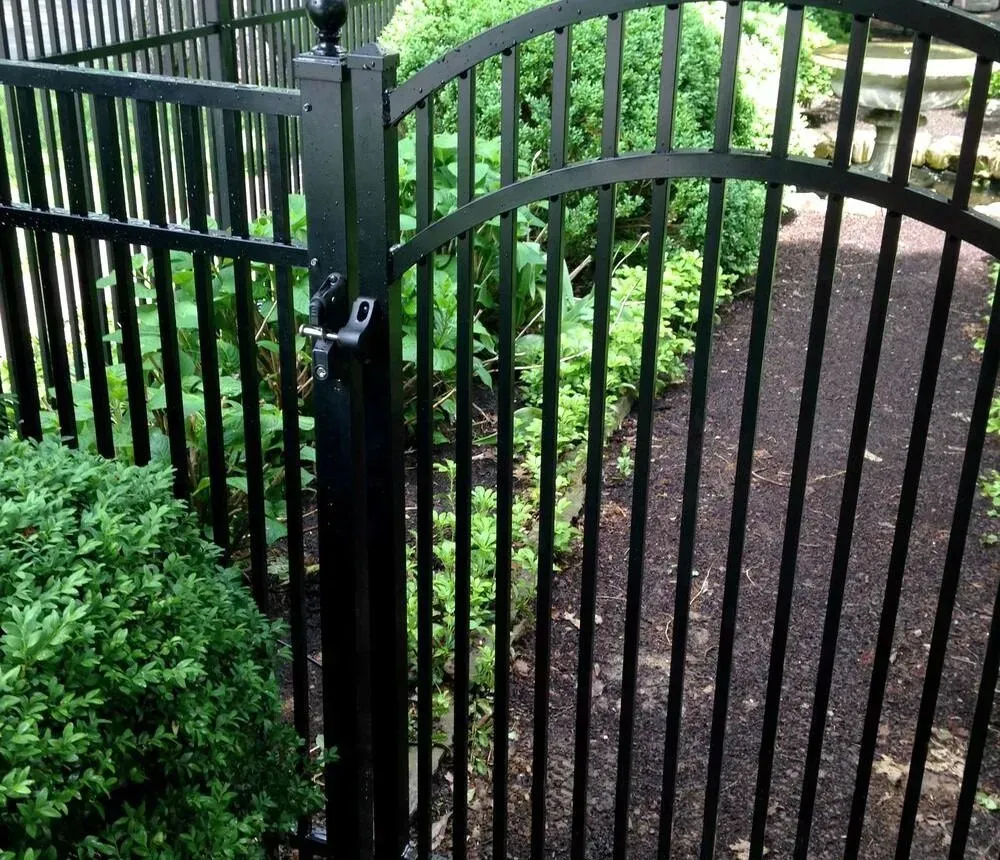Black metal garden gate with a padlock beside a garden path and greenery