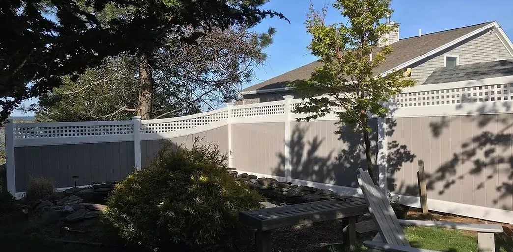 Backyard with white fence, patio cover, and trees beside a house in bright sunlight