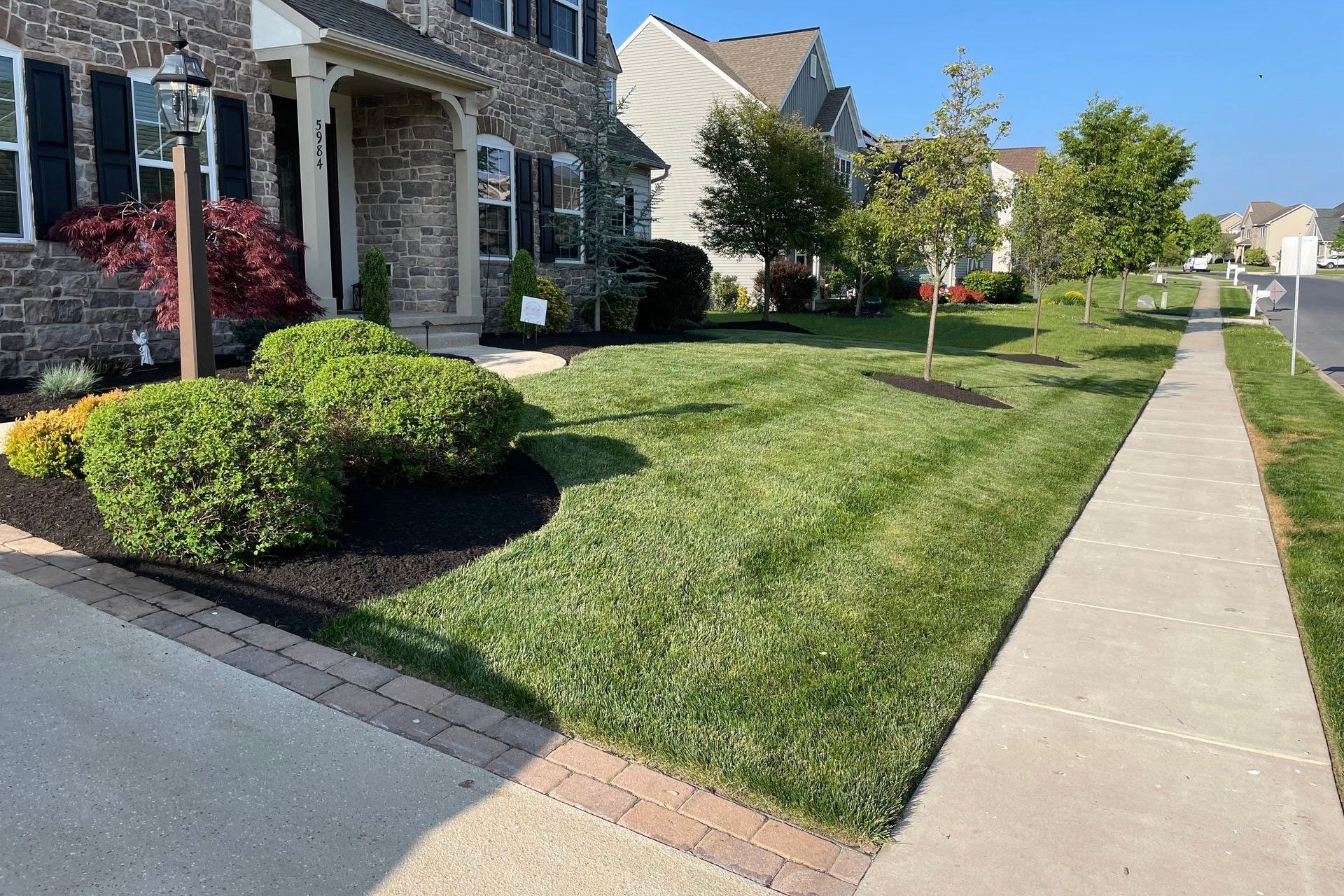 A house with a lush green lawn and a sidewalk in front of it.