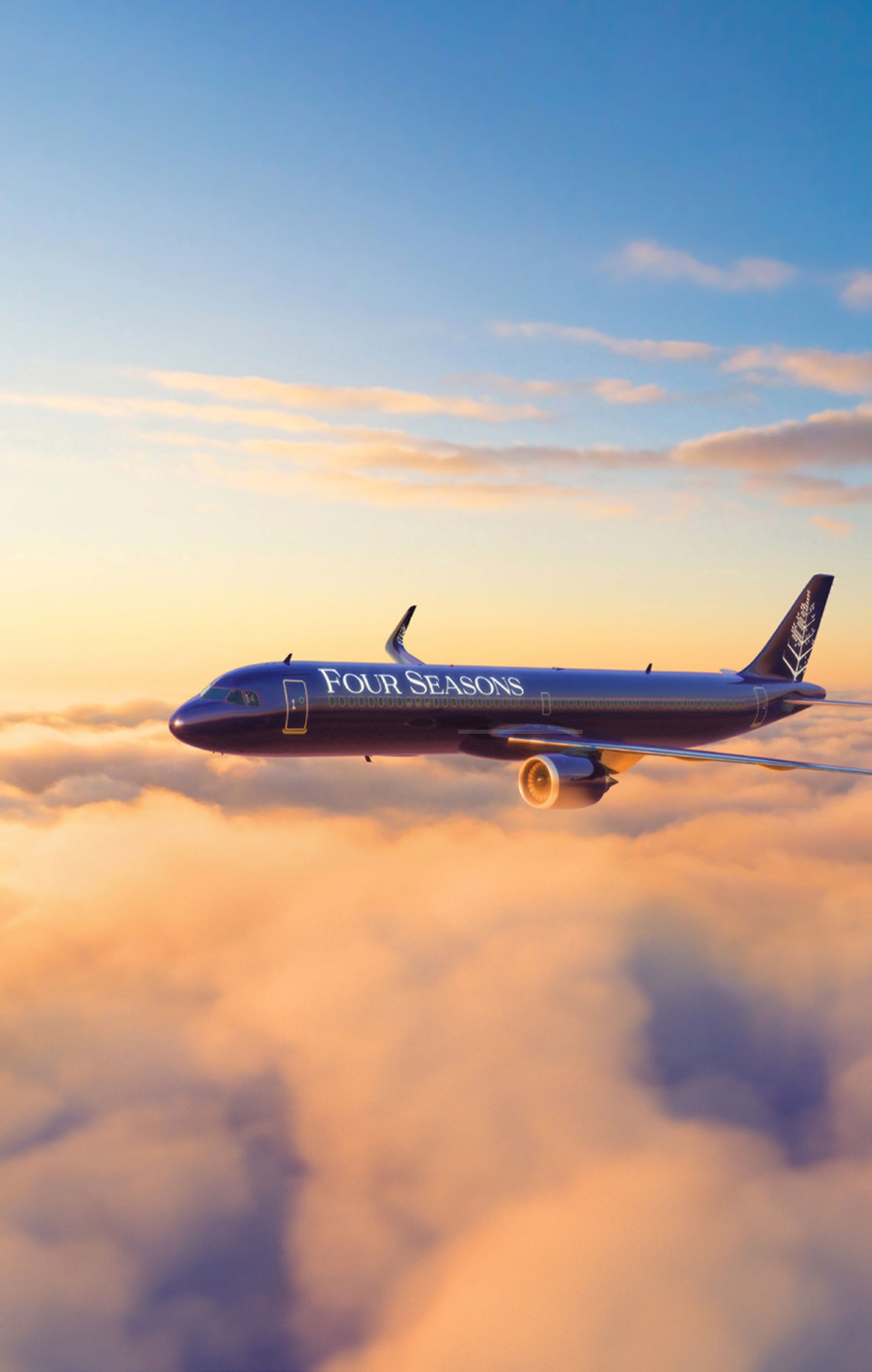 A plane is flying through the clouds at sunset.