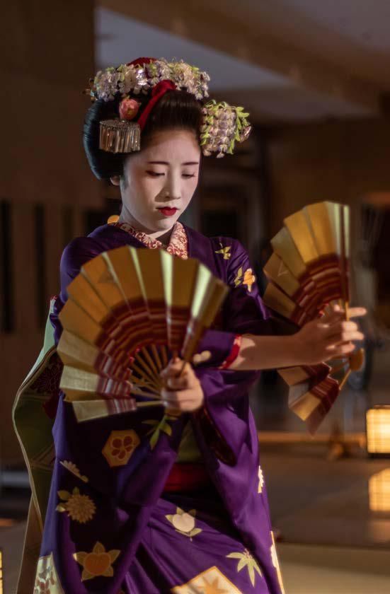 A geisha in a purple kimono is holding two fans in her hands.