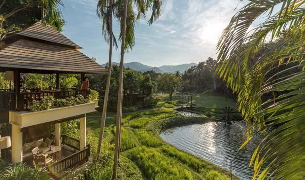 There is a gazebo in the middle of a lush green field next to a river.