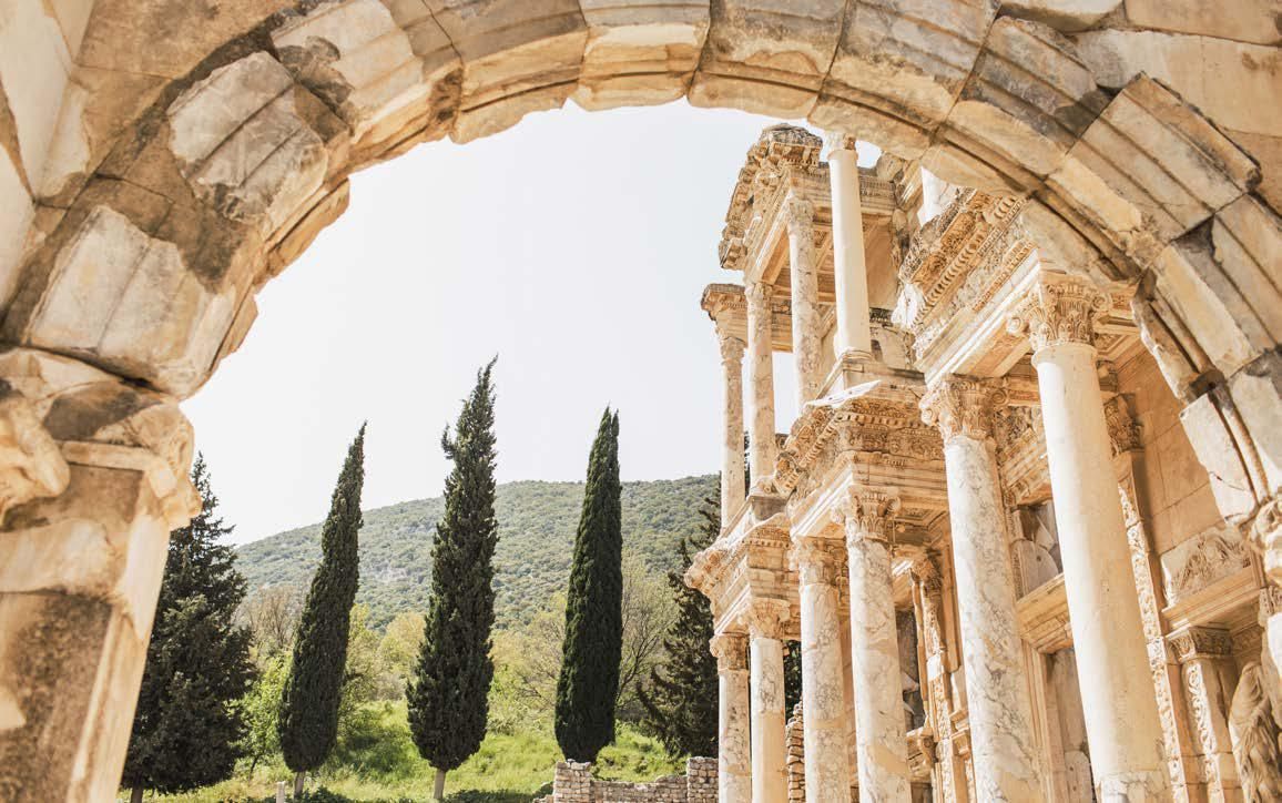 A view of an ancient building through an archway with trees in the background.