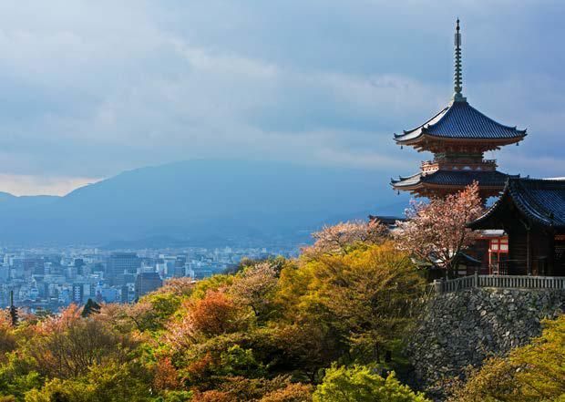A pagoda is sitting on top of a hill in the middle of a forest.