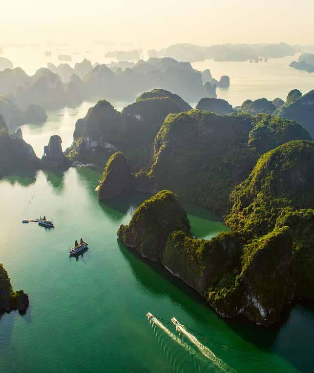 An aerial view of a body of water surrounded by mountains and boats.