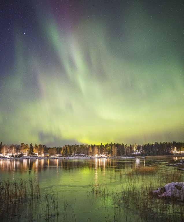 The aurora borealis is shining over a lake at night.