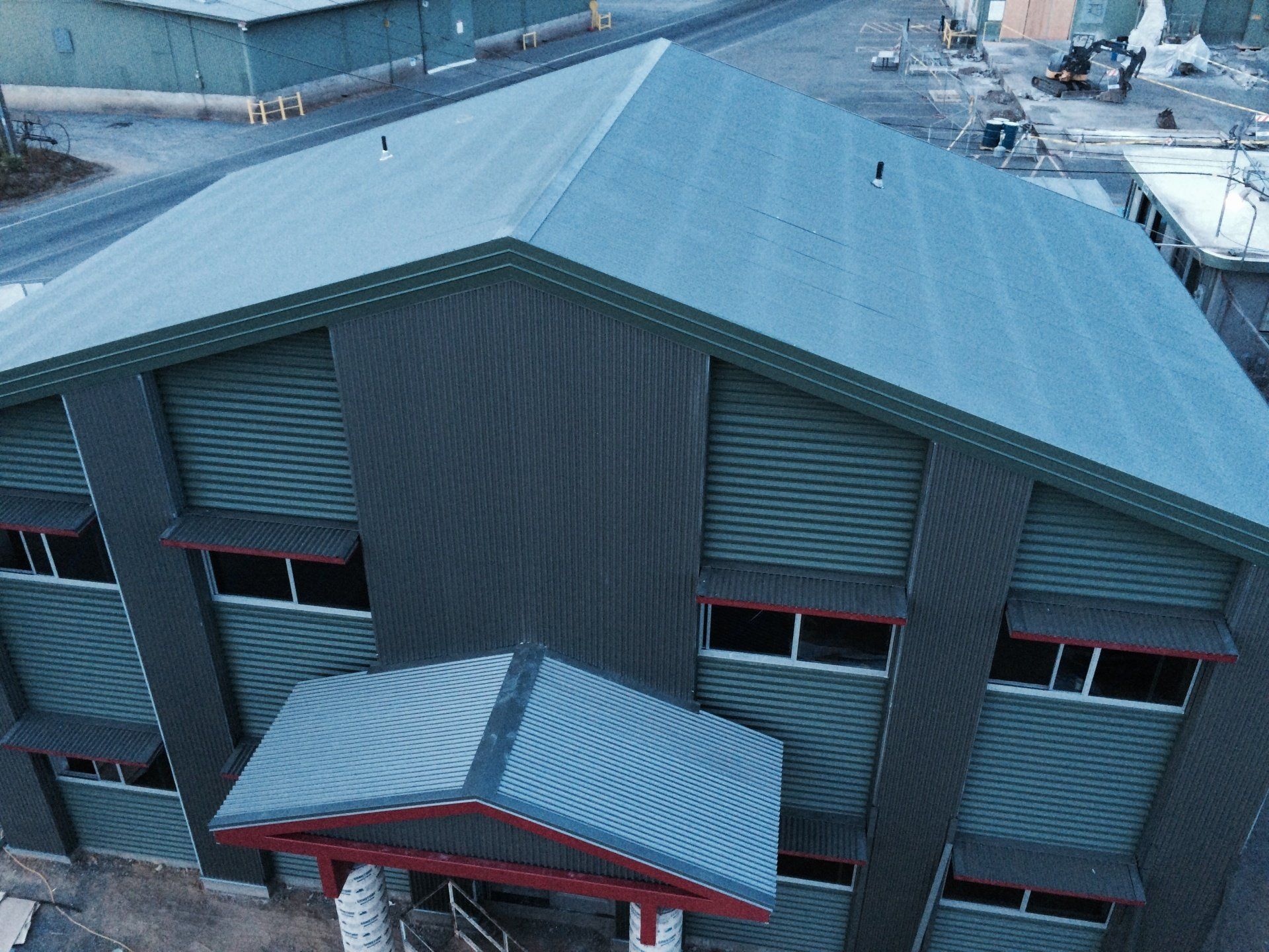 Elevated view of outside of steel building
