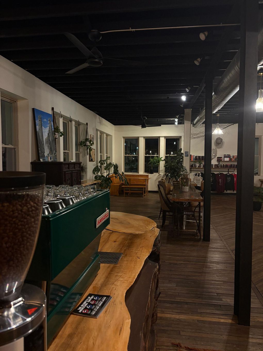 Interior of a coffee shop: espresso machine on a wooden counter, tables, plants, and windows in a dim setting.