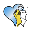 Yellow-gloved hand cleaning a blue heart with a white cloth.