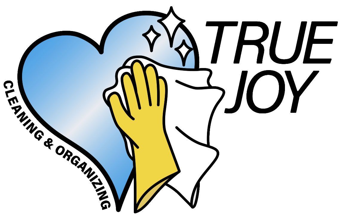 Logo: Blue heart being cleaned with a yellow-gloved hand and white cloth; "True Joy" text.