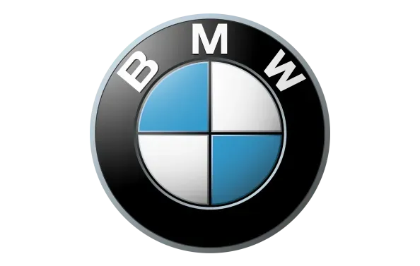 BMW logo: a round emblem with a black border, blue and white quadrants, and