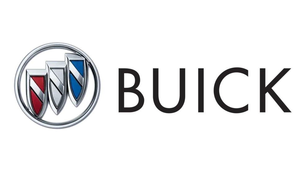 Buick logo: three overlapping shields in red, silver, and blue inside a silver circle, with the brand name next to it.