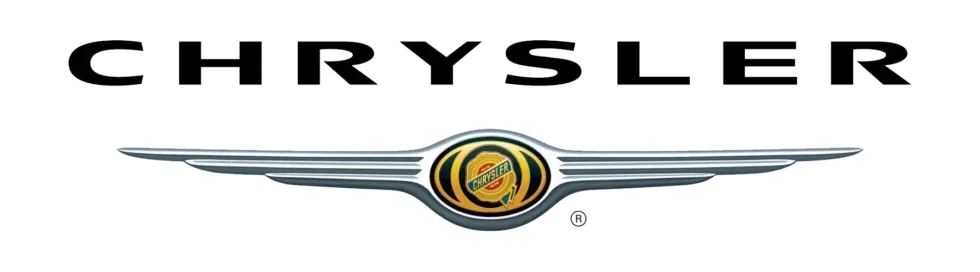Chrysler logo: Black wordmark above silver wings with a gold center on a white background.